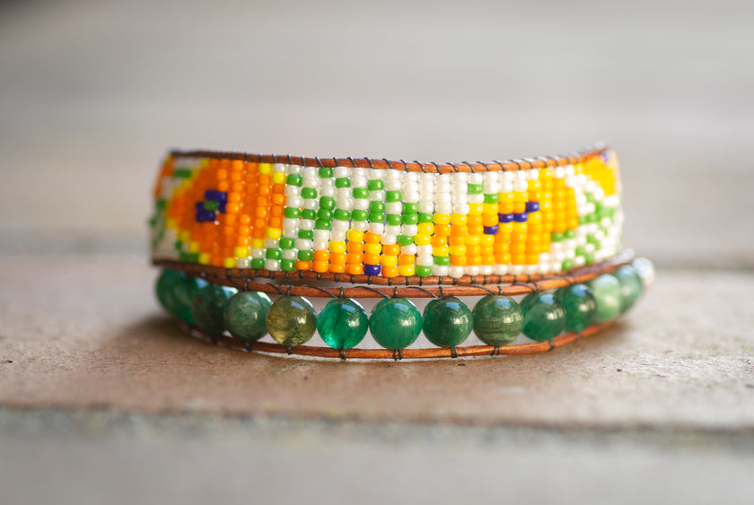 A fun California poppy beaded double wrap bracelet, handmade by NorthPeak Silver and Beadwork. 