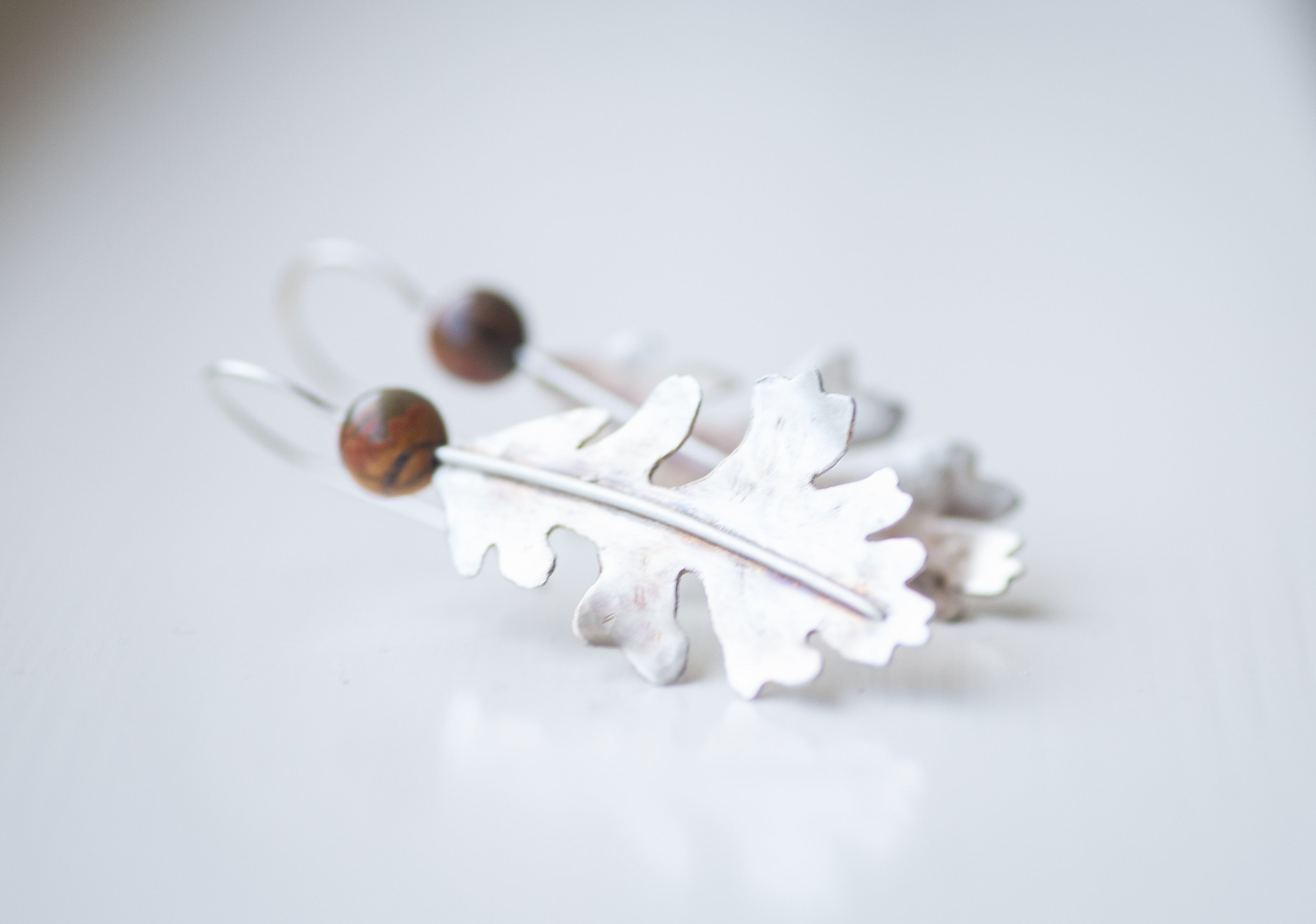 Oak tree leaf sterling silver earrings with jasper beads. 