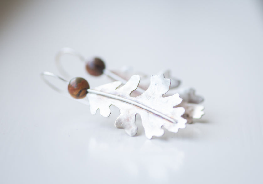 Oak tree leaf sterling silver earrings with jasper beads. 