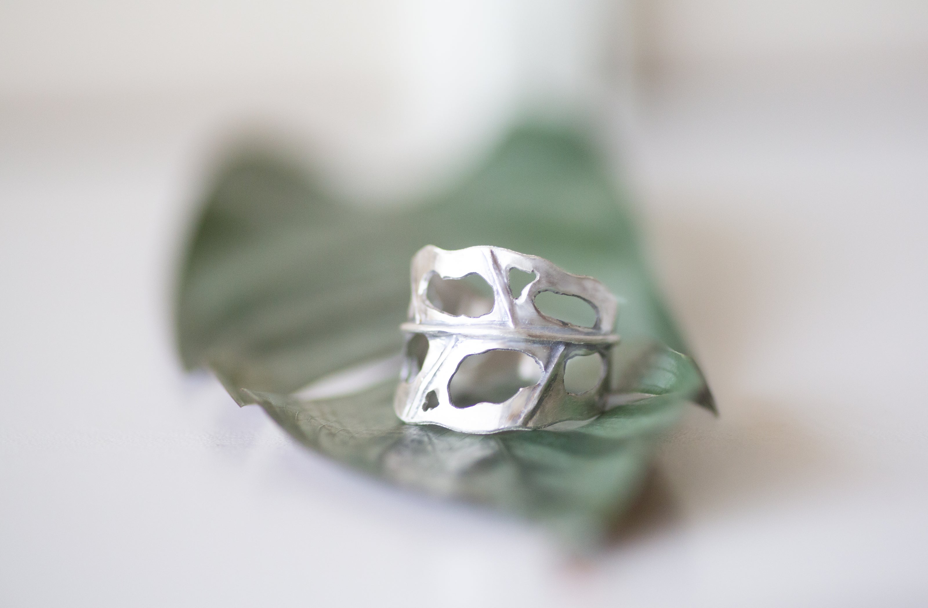 Monstera Leaf Sterling Silver Adjustable Ring