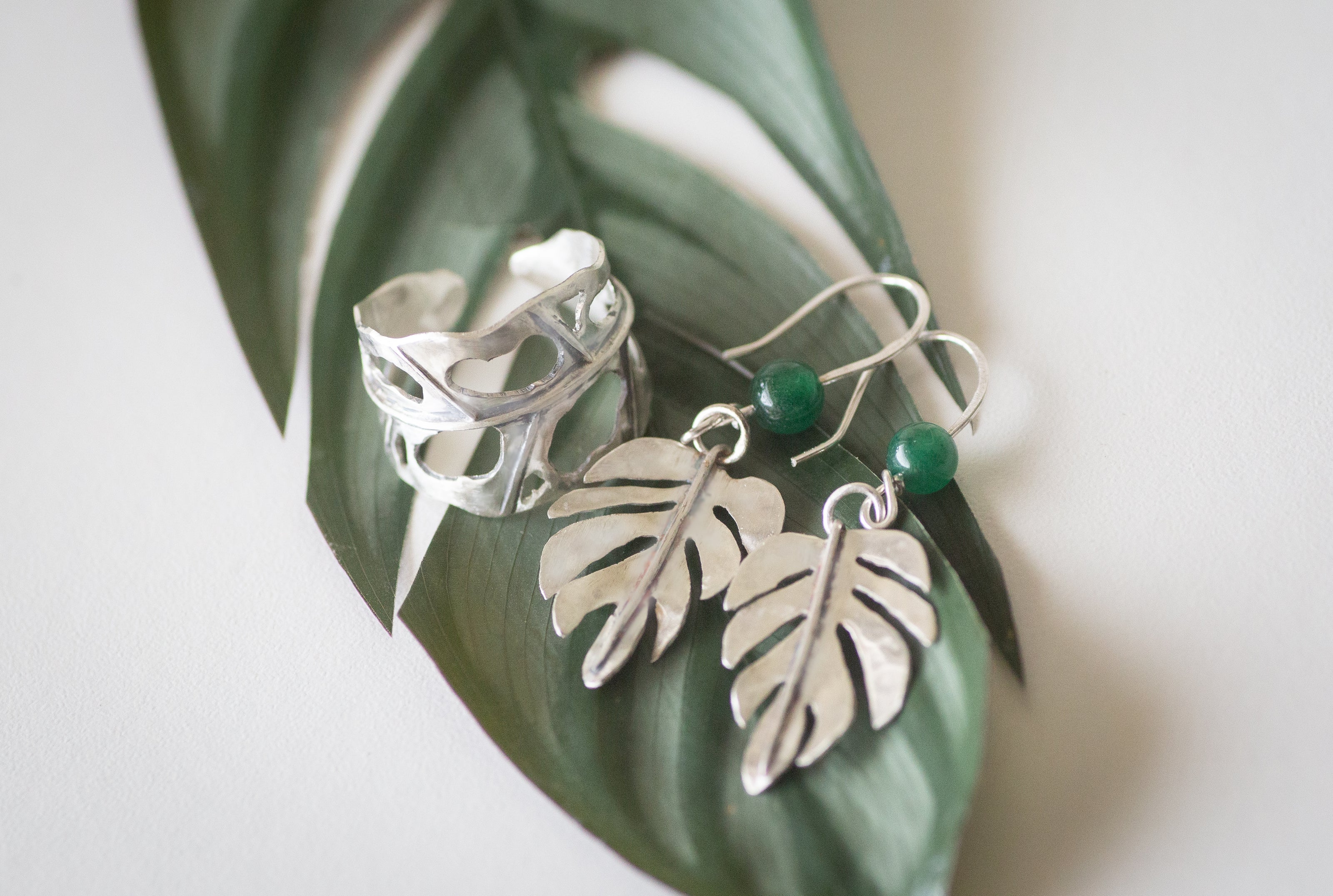 Mostera Leaf Silver and Mica Earrings