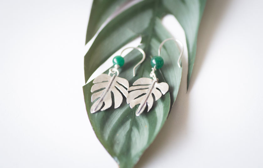 Mostera Leaf Silver and Mica Earrings