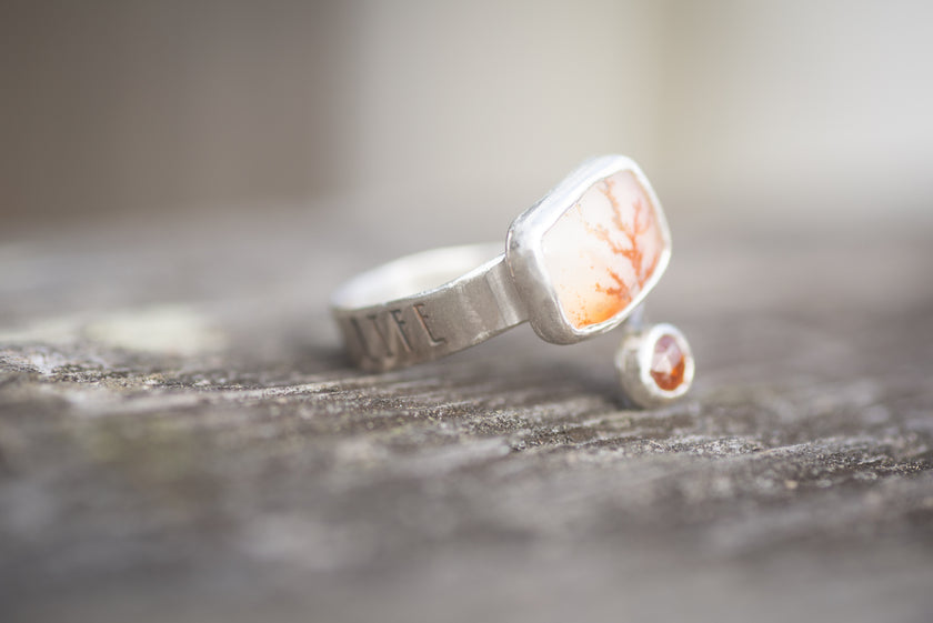 Wild & Precious Dendritic Agate with Citrine Ring, Size 9.5 (adjustable)