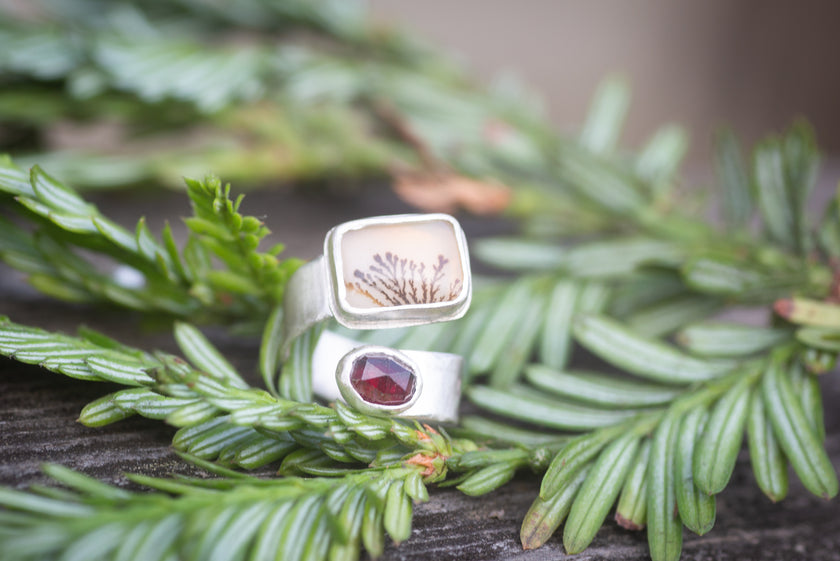 Wild & Precious Dendritic Agate and Garnet Ring, Size 7