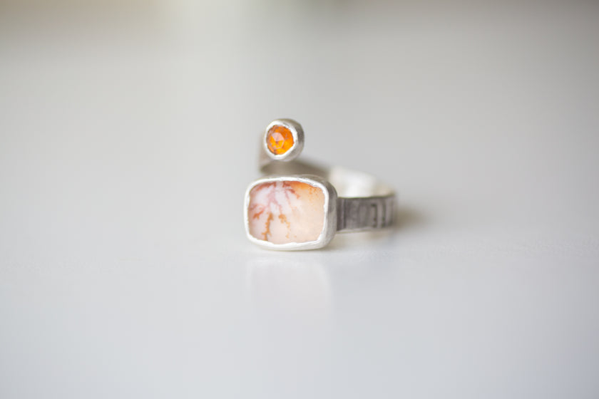 Wild & Precious Dendritic Agate with Citrine Ring, Size 9.5 (adjustable)