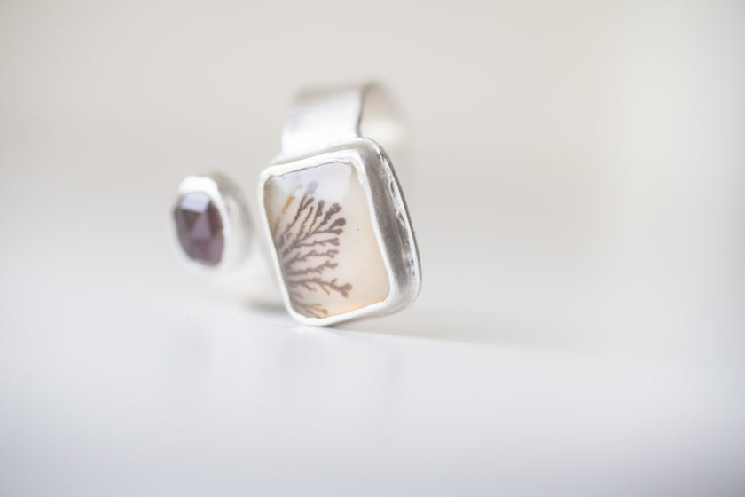 Wild & Precious Dendritic Agate and Garnet Ring, Size 7