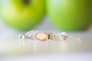 Dainty sterling silver dendritic agate doublets with tiny peridot gemstones and handmade birch leaf earrings. 