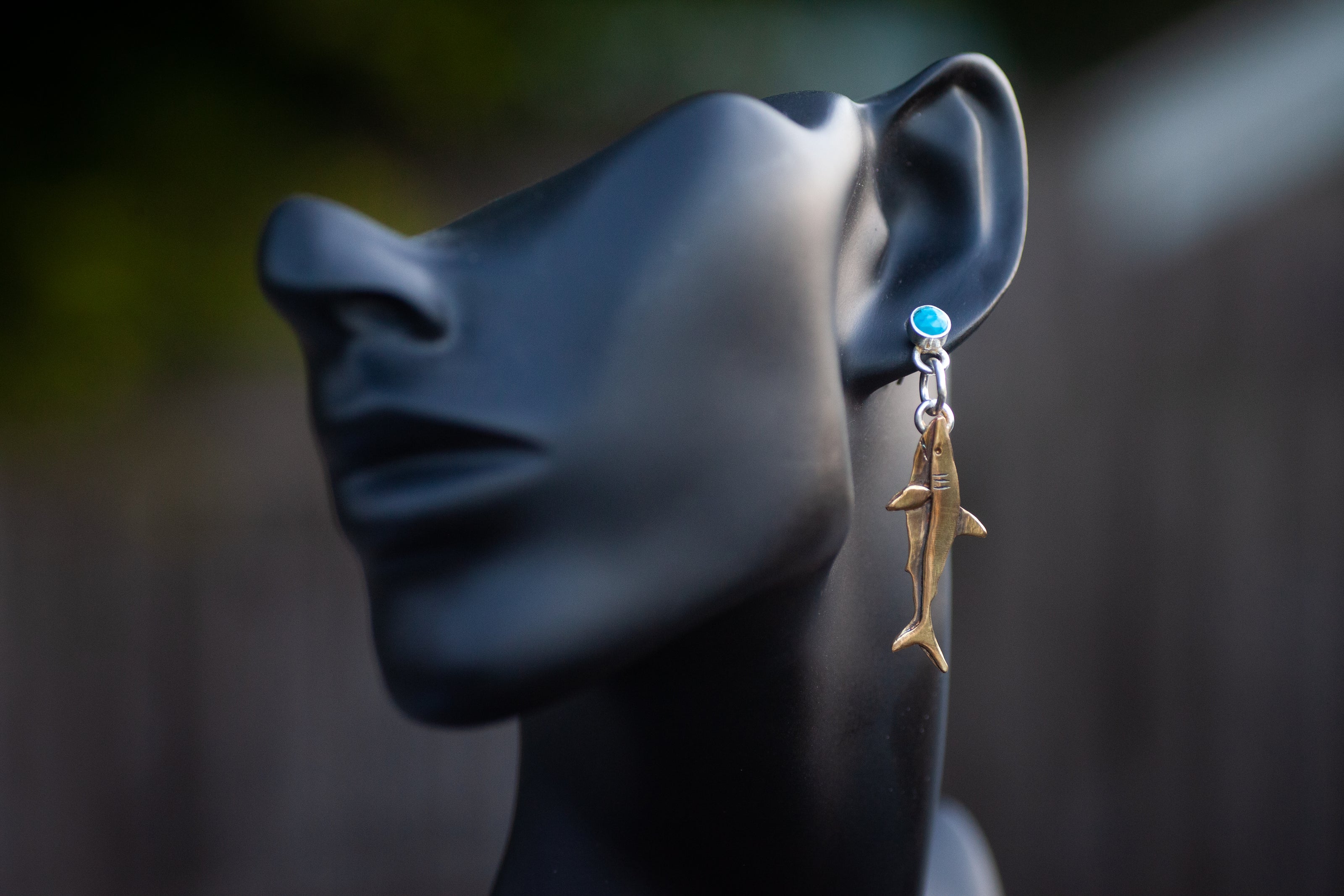 Great White Shark Sterling Silver, Brass, and Turquoise Earrings