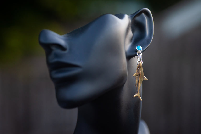 Great White Shark Sterling Silver, Brass, and Turquoise Earrings
