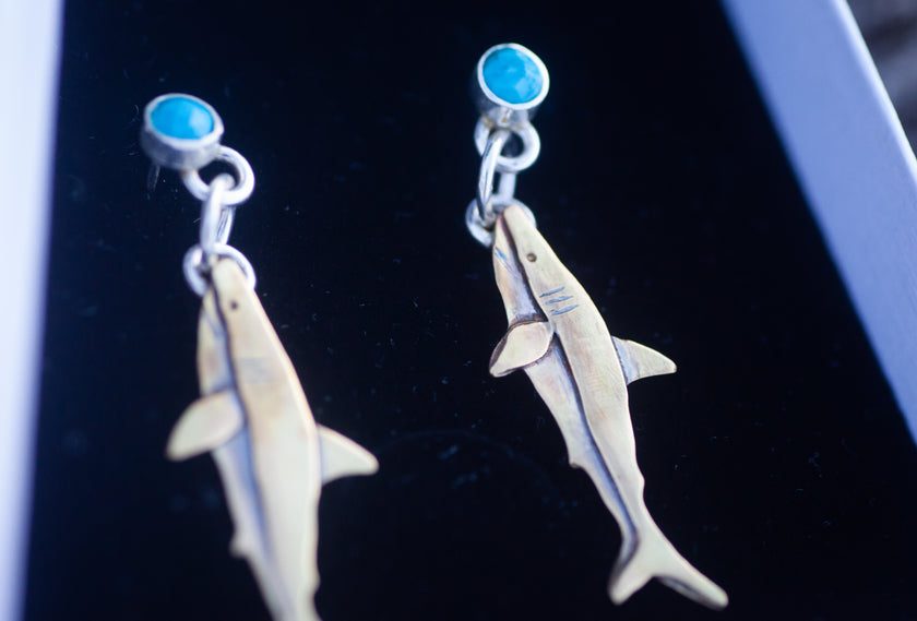 Great White Shark Sterling Silver, Brass, and Turquoise Earrings