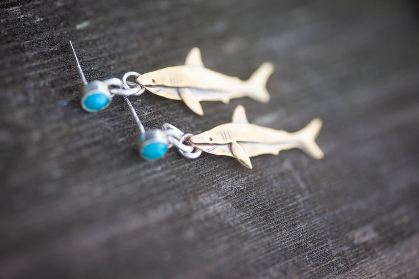 Great White Shark Sterling Silver, Brass, and Turquoise Earrings