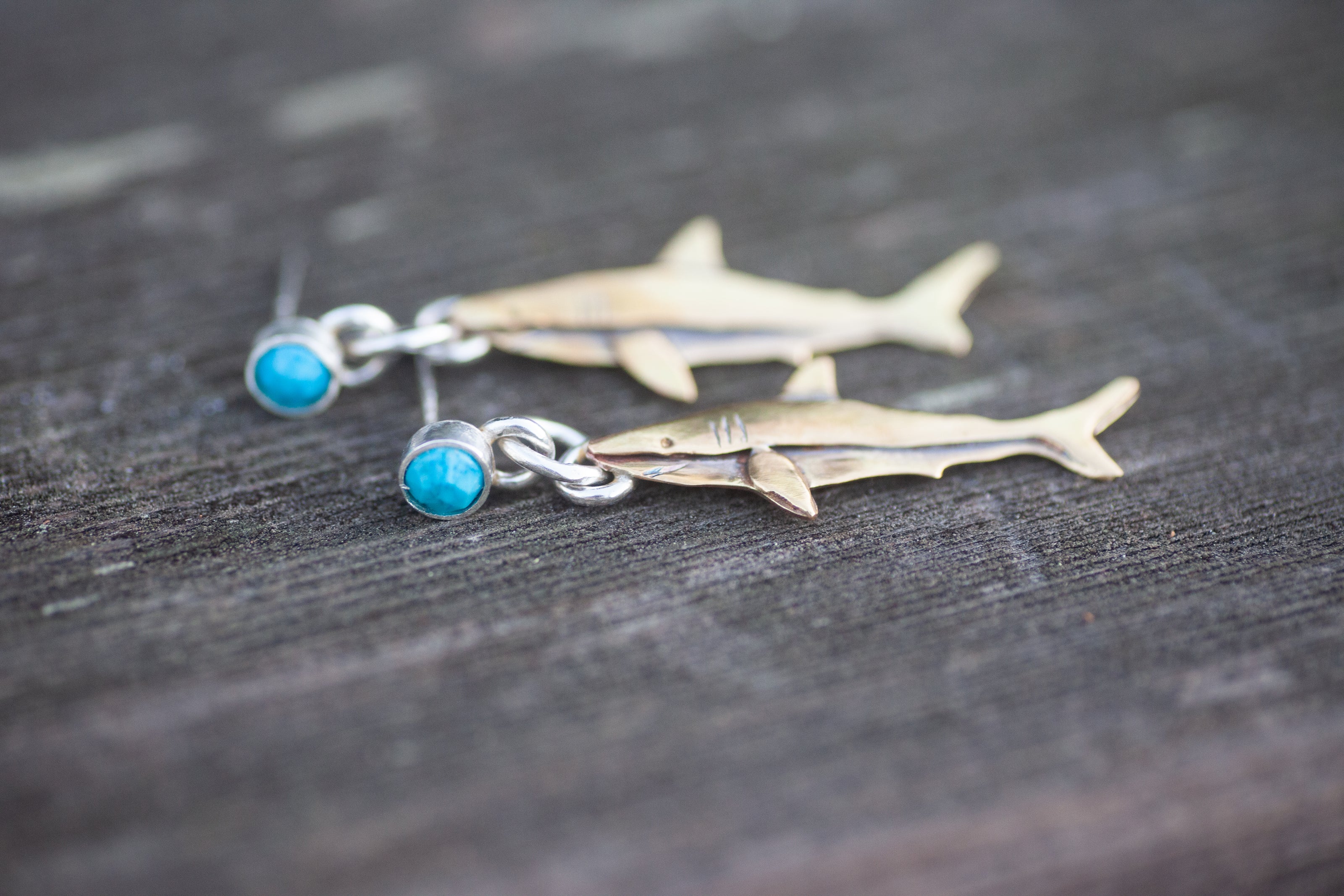 Great White Shark Sterling Silver, Brass, and Turquoise Earrings
