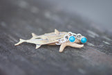 Great White Shark Sterling Silver, Brass, and Turquoise Earrings
