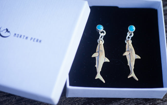 Great White Shark Sterling Silver, Brass, and Turquoise Earrings