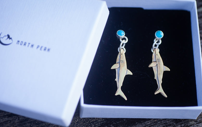 Great White Shark Sterling Silver, Brass, and Turquoise Earrings