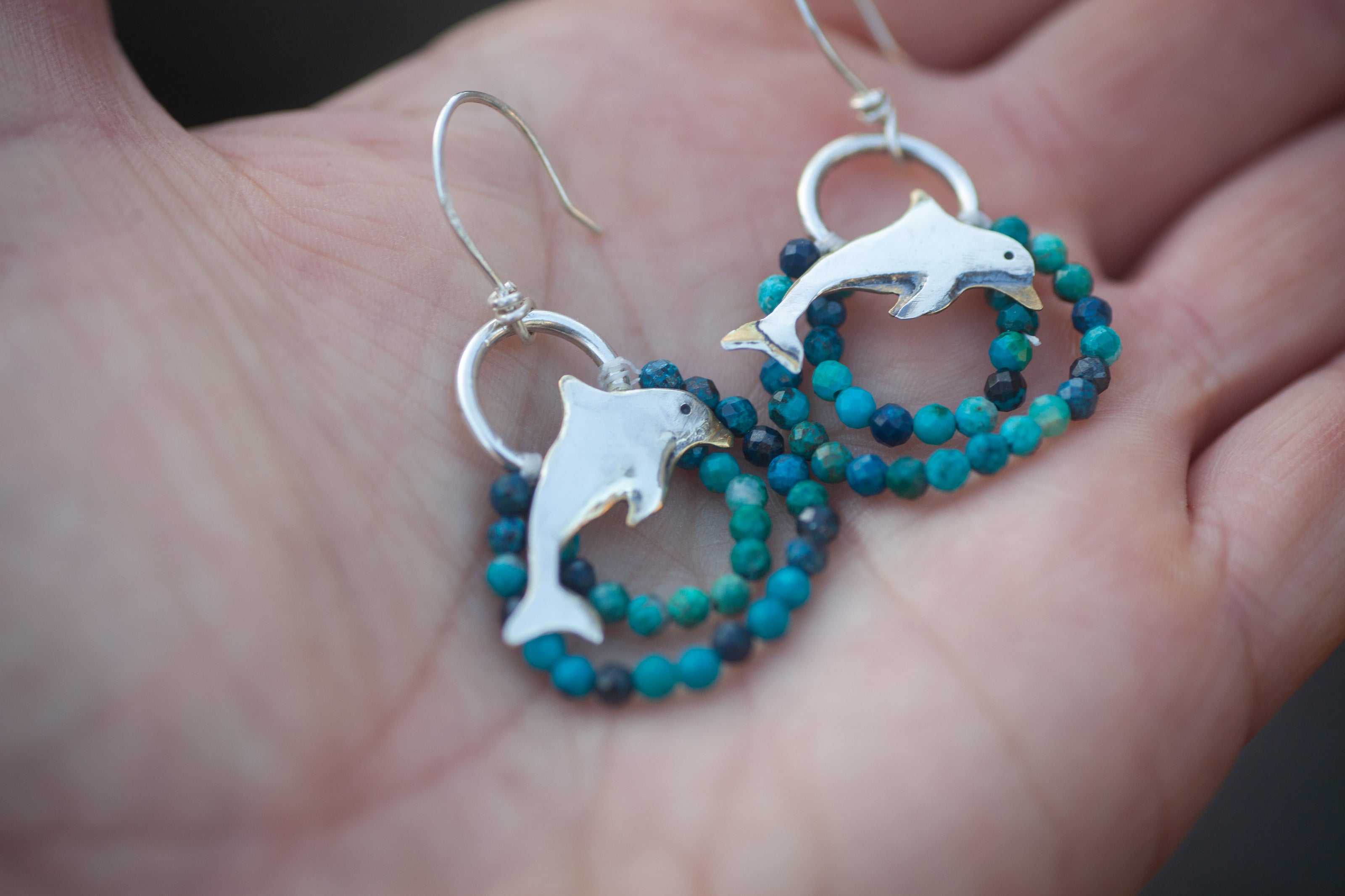 Dolphin Earrings with Chrysocolla Waves