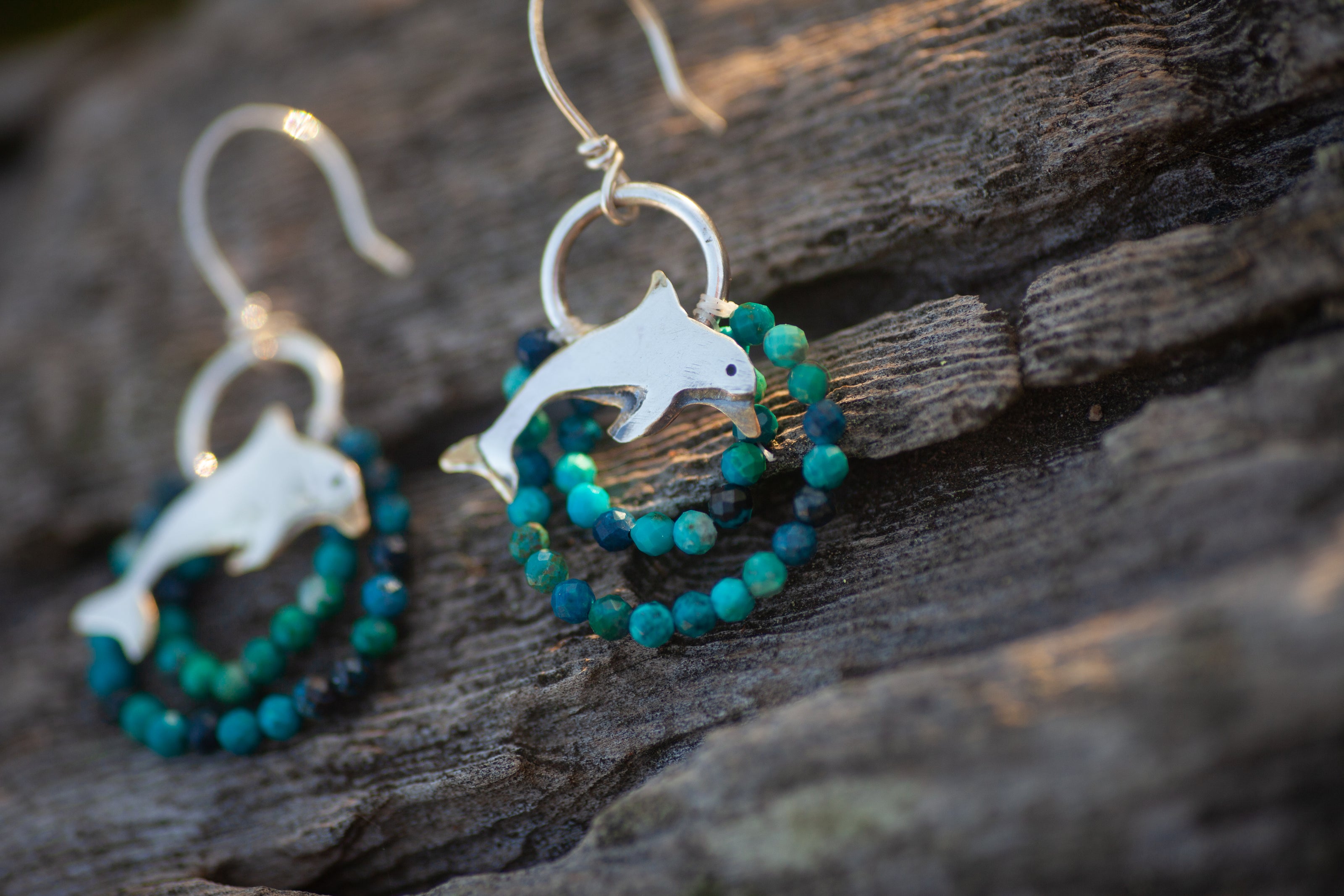 Dolphin Earrings with Chrysocolla Waves