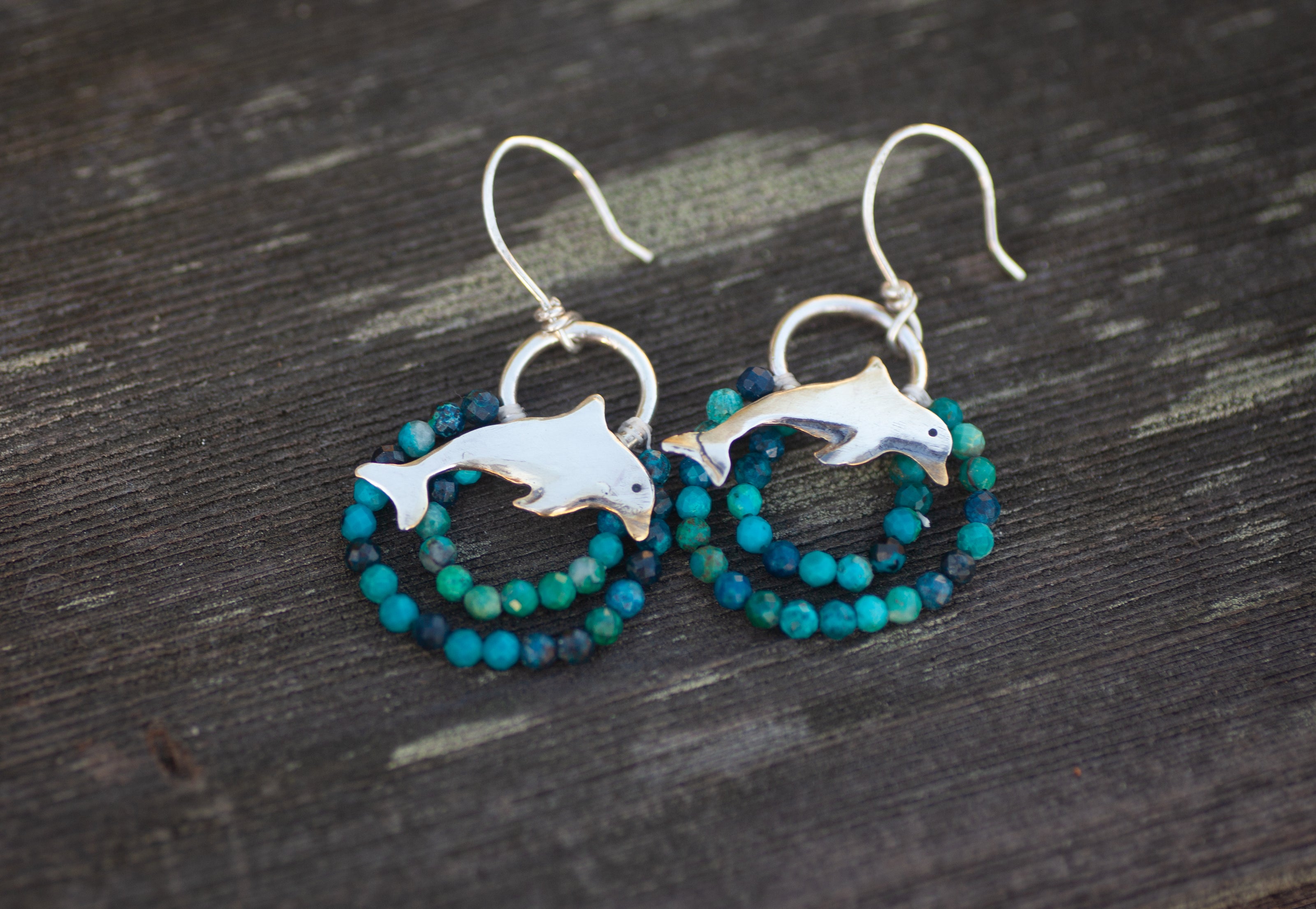 Dolphin Earrings with Chrysocolla Waves