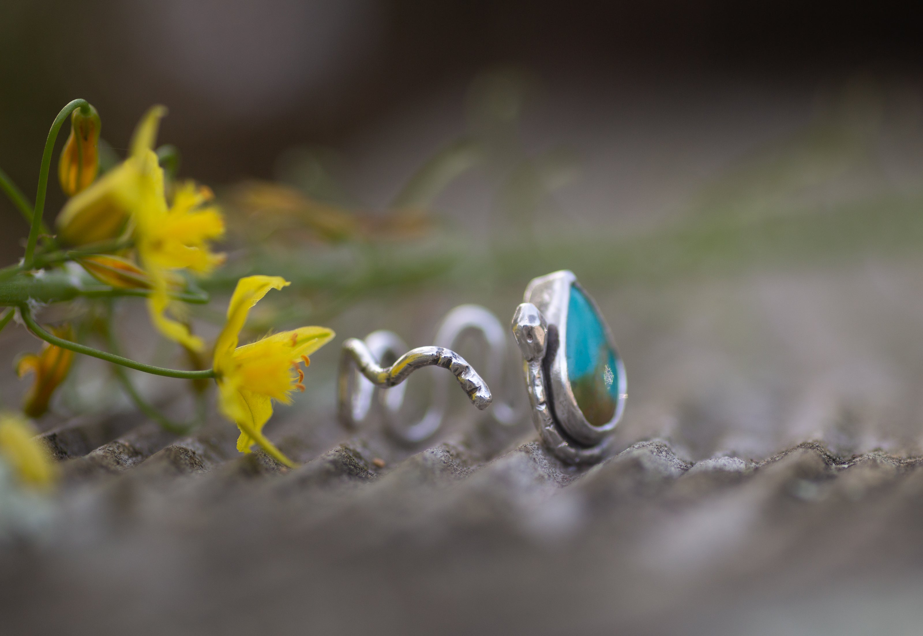 A sterling silver ring with teal turquoise stone. The ring is shaped like a rattlesnake.